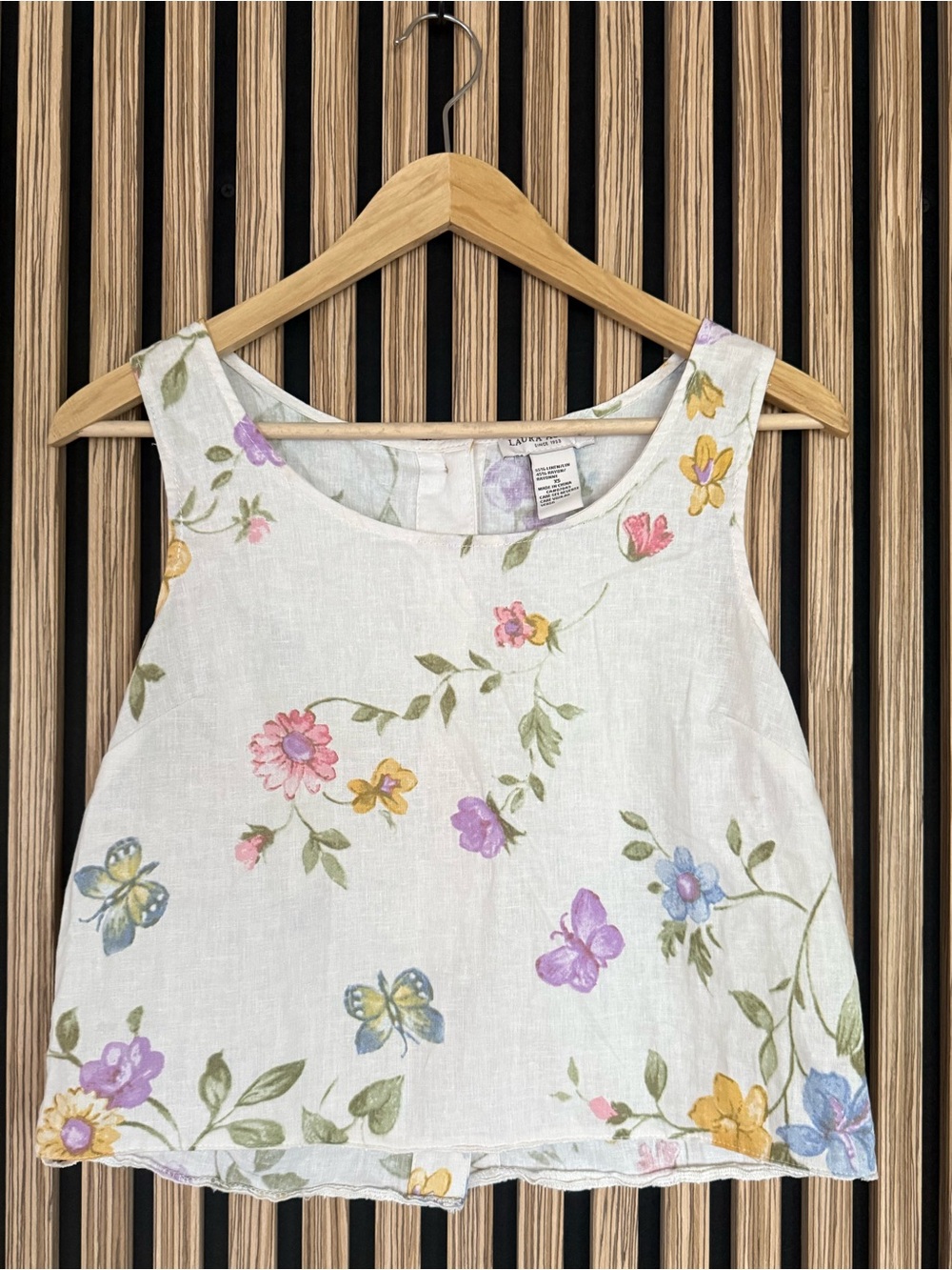 Laura Ashley Linen Rayon Crop Top Butterfly Wildflower Cottagecore Sleeveless
